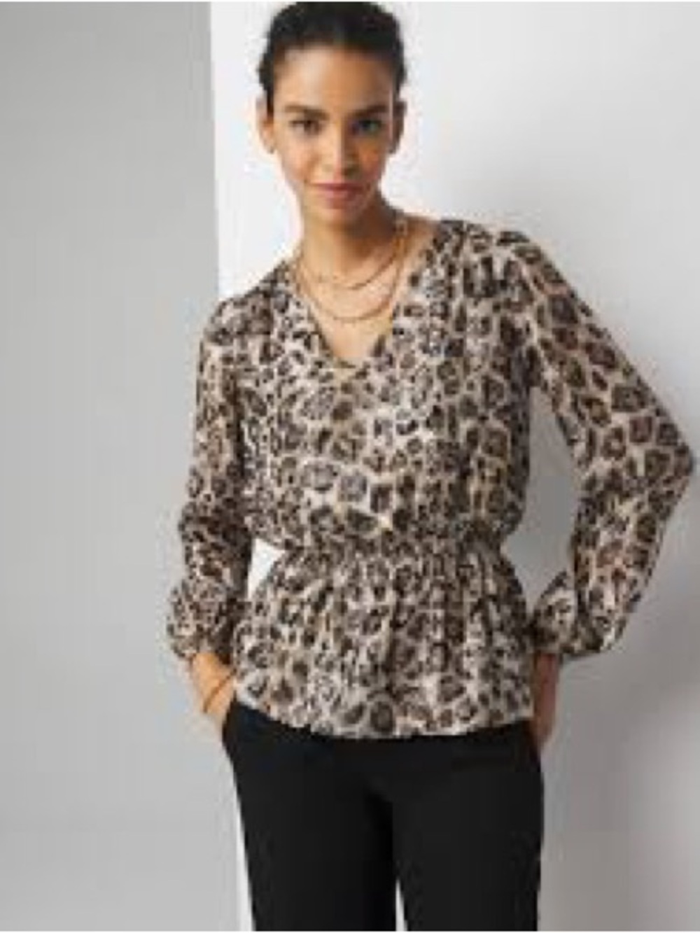 NWOT White House Black Market Leopard Metallic Peplum Blouse Top L